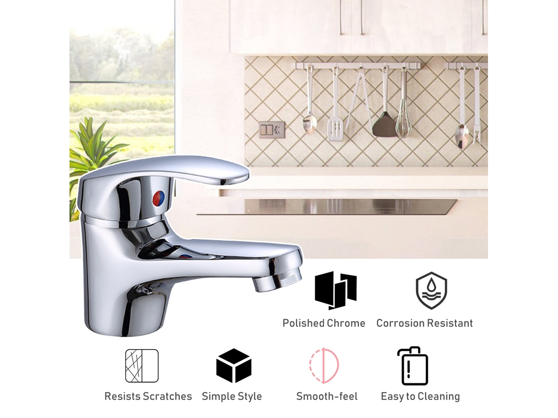 Grifo de latón para baño y cocina, monomando, válvula cerámica, mezclador de agua fría y caliente, cromado pulido con manguera.