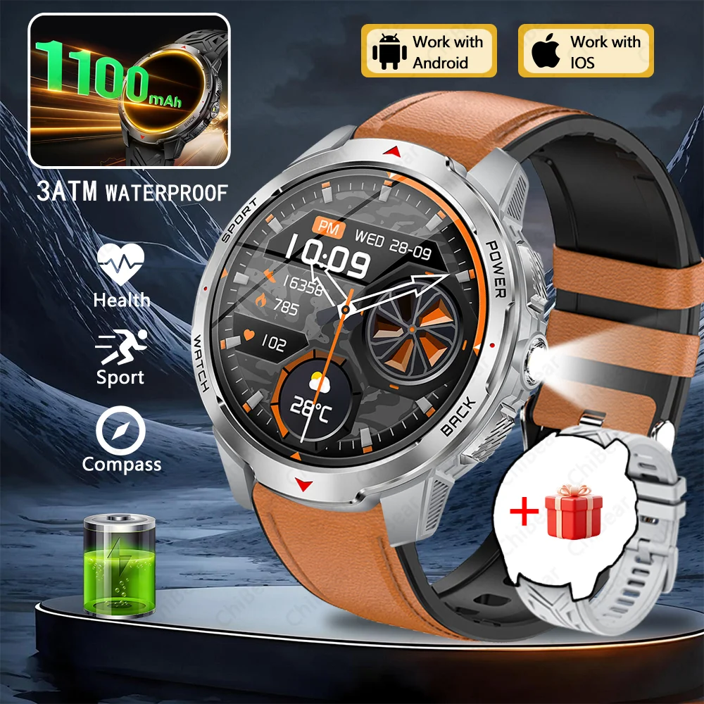 Reloj inteligente, llamadas Bluetooth, asistente de voz, resistente al agua para deportes y actividades físicas. MDUG (correa marrón).