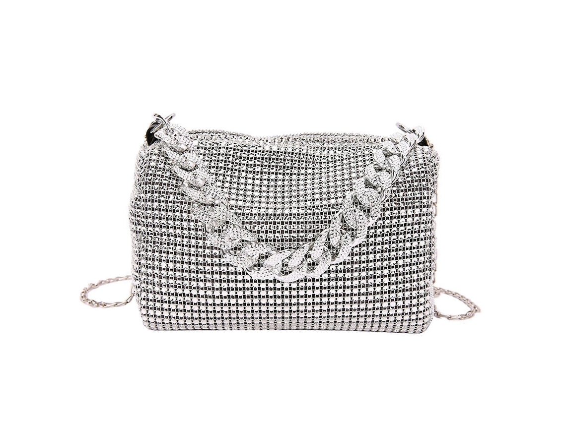 Exquisito bolso de mano para mujer con pedrería, bolso bandolera informal de noche, plateado