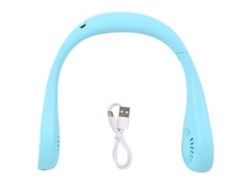Ventilador portátil recargable por USB, azul, con auriculares.