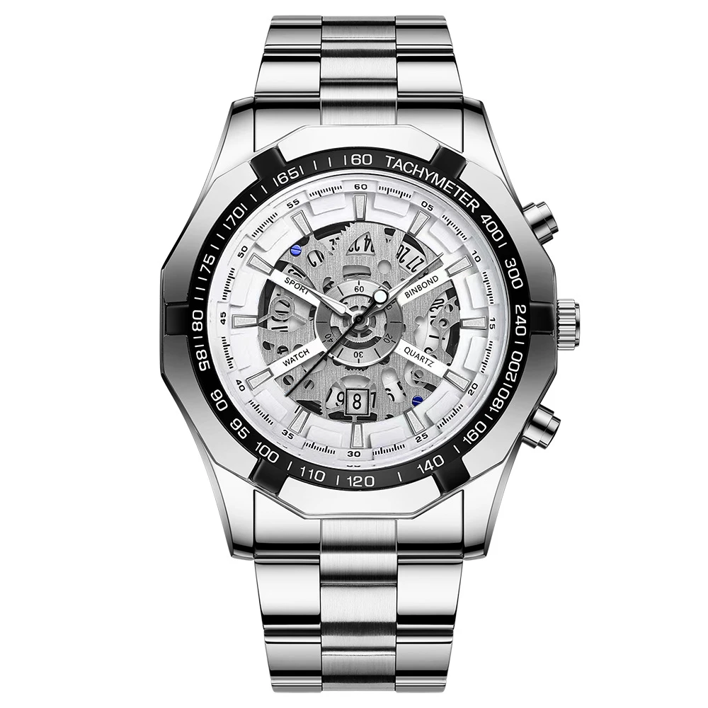 Reloj De Cuarzo Para Hombre (plateado), De Lujo, De Acero Inoxidable, Resistente Al Agua, Con Esfera Grande Esqueletizada.