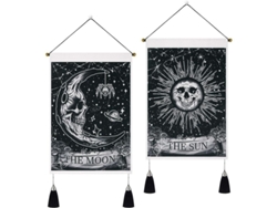 Juego De 2 Pequeños Tapices Góticos Con Flecos, Decoración De Pared Gótica Con Calavera, Sol Y Luna, 35x50 Cm