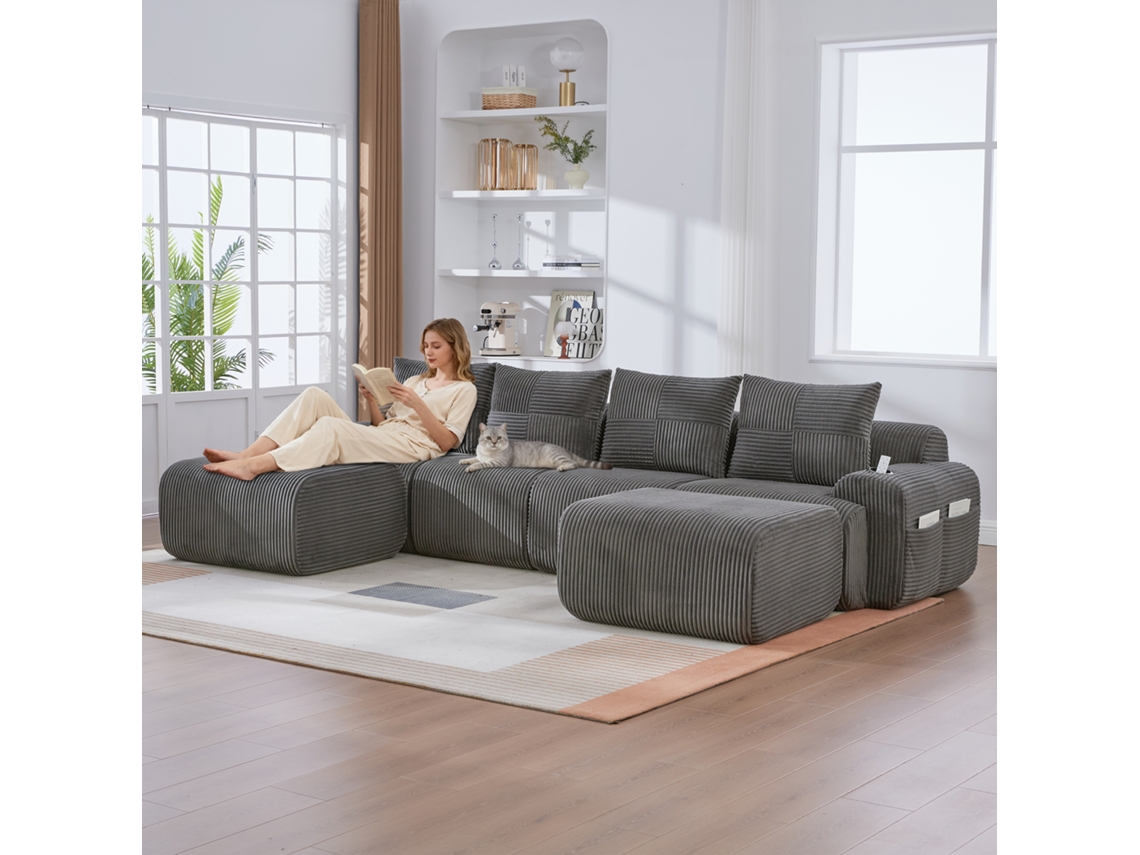 Sofá Modular De Pana 4 Plazas Con 2 Otomanas Y Portavasos, Color Gris Oscuro
