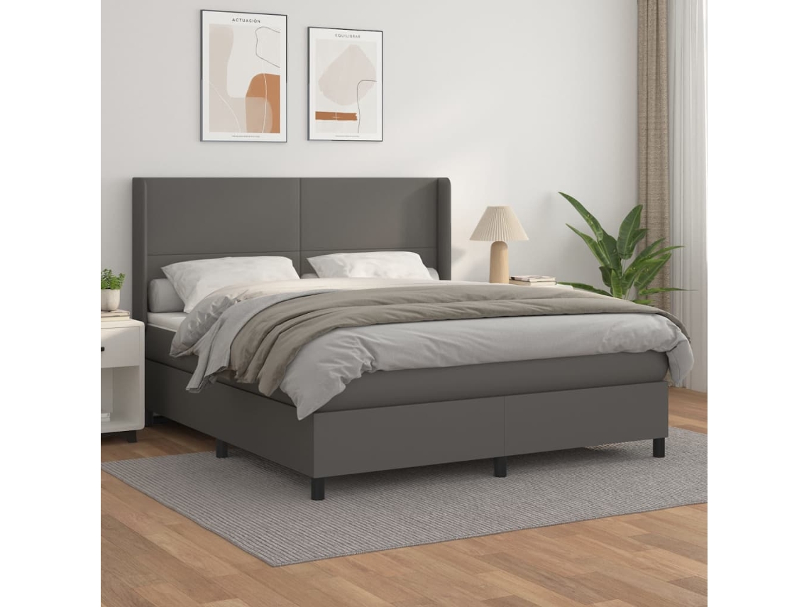 Cama Box Spring Con Colchón Cuero Sintético Gris 160x200 Cm