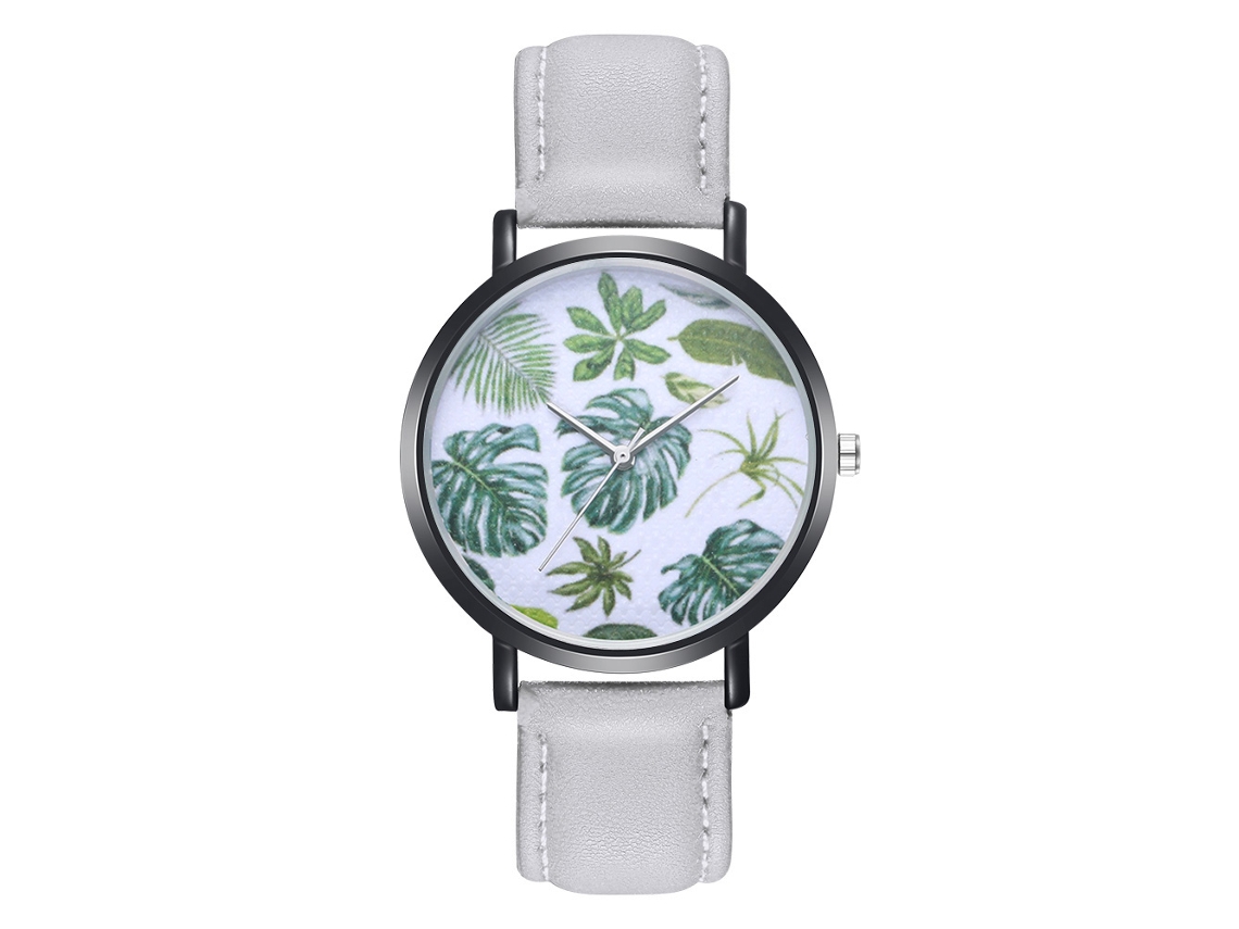 Reloj De Pulsera Zhoulianfa Con Estampado De Hojas Y Correa De Pu Gris, Movimiento De Cuarzo.