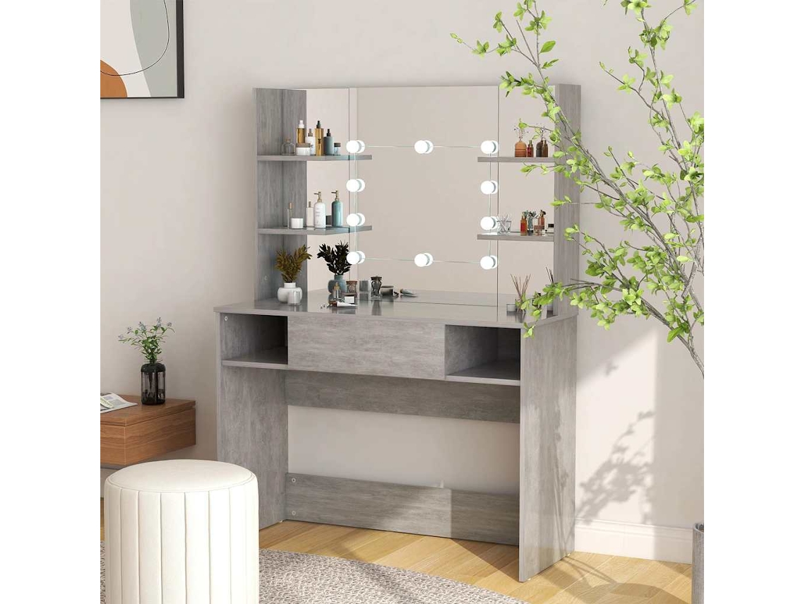 Tocador | Mesa De Vestidor De Maquillaje Luces Led Mdf Gris Hormigón 100x40x135 Cm