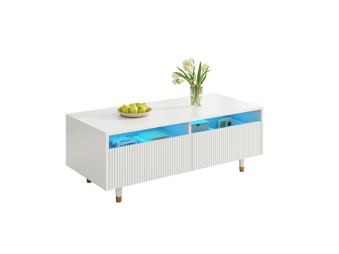 Mesa De Centro Led Moderna - Tablero Ondulado, 2 Cajones, Luces Led Cambiantes - Dorado-blanco