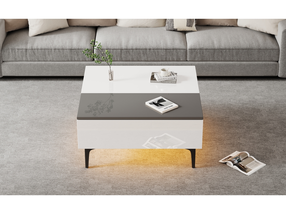 Mesa de centro de 70 x 70 x 35 cm, altura regulable, con estantes de almacenamiento, color blanco