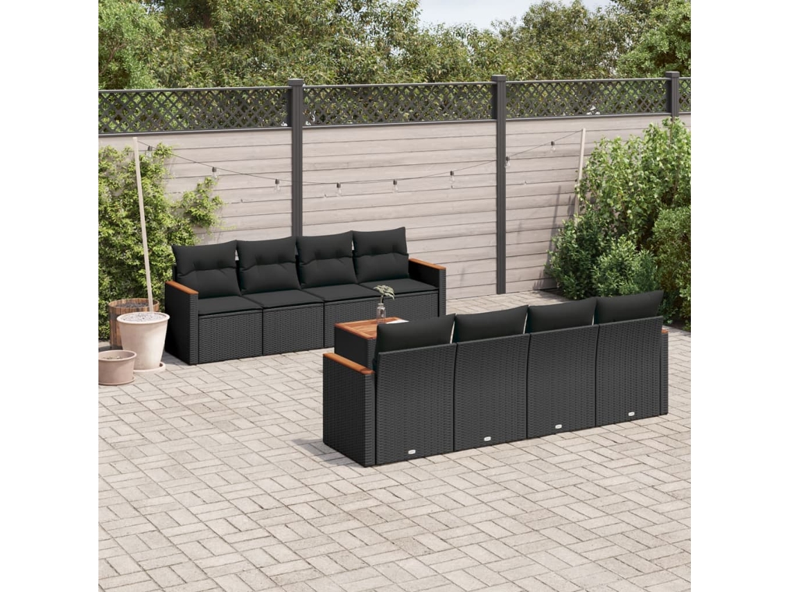 Conjunto de sofá de jardín de 9 piezas con cojines, ratán negro, Dkd Home Decor