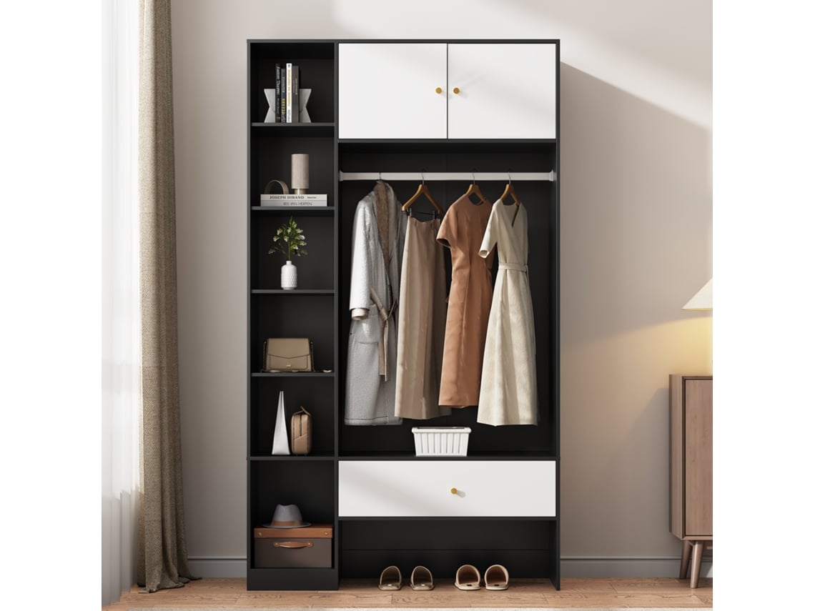 Armario compacto de 105x185x40 cm - 2 puertas, 6 compartimentos, barra para colgar ropa y cajón - Blanco + Negro