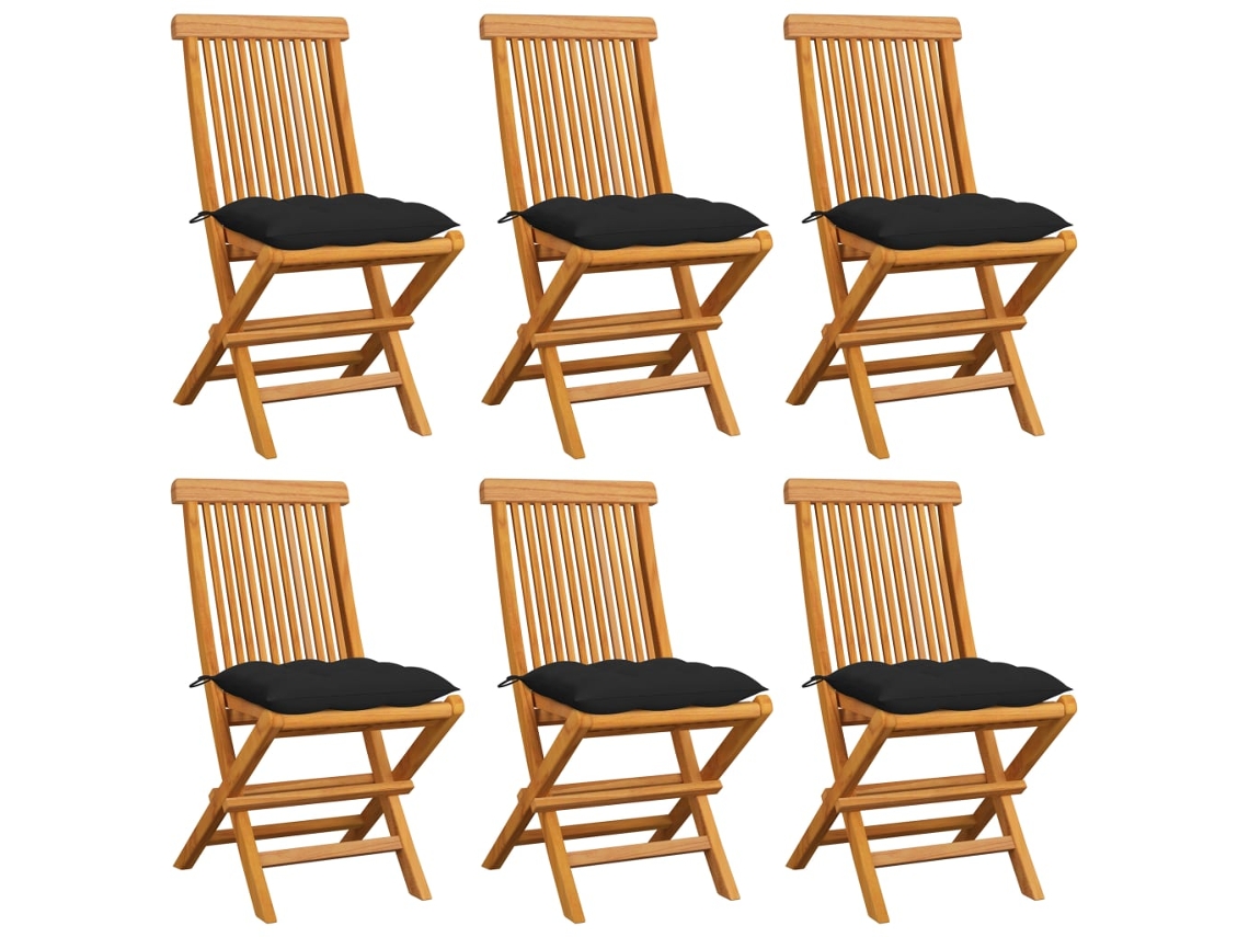 Sillas de jardín DKD Home Decor de 6 piezas con cojines negros, teca maciza