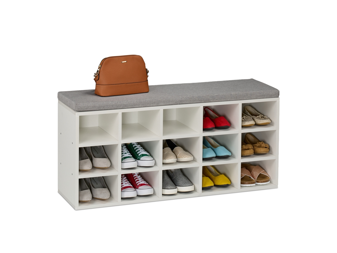 Relaxdays Banco Zapatero Con Asiento, 15 Cajones, Tapizado, Pasillo O Entrada, Descalzadora, 48x105x30 Cm, Blanco/gris