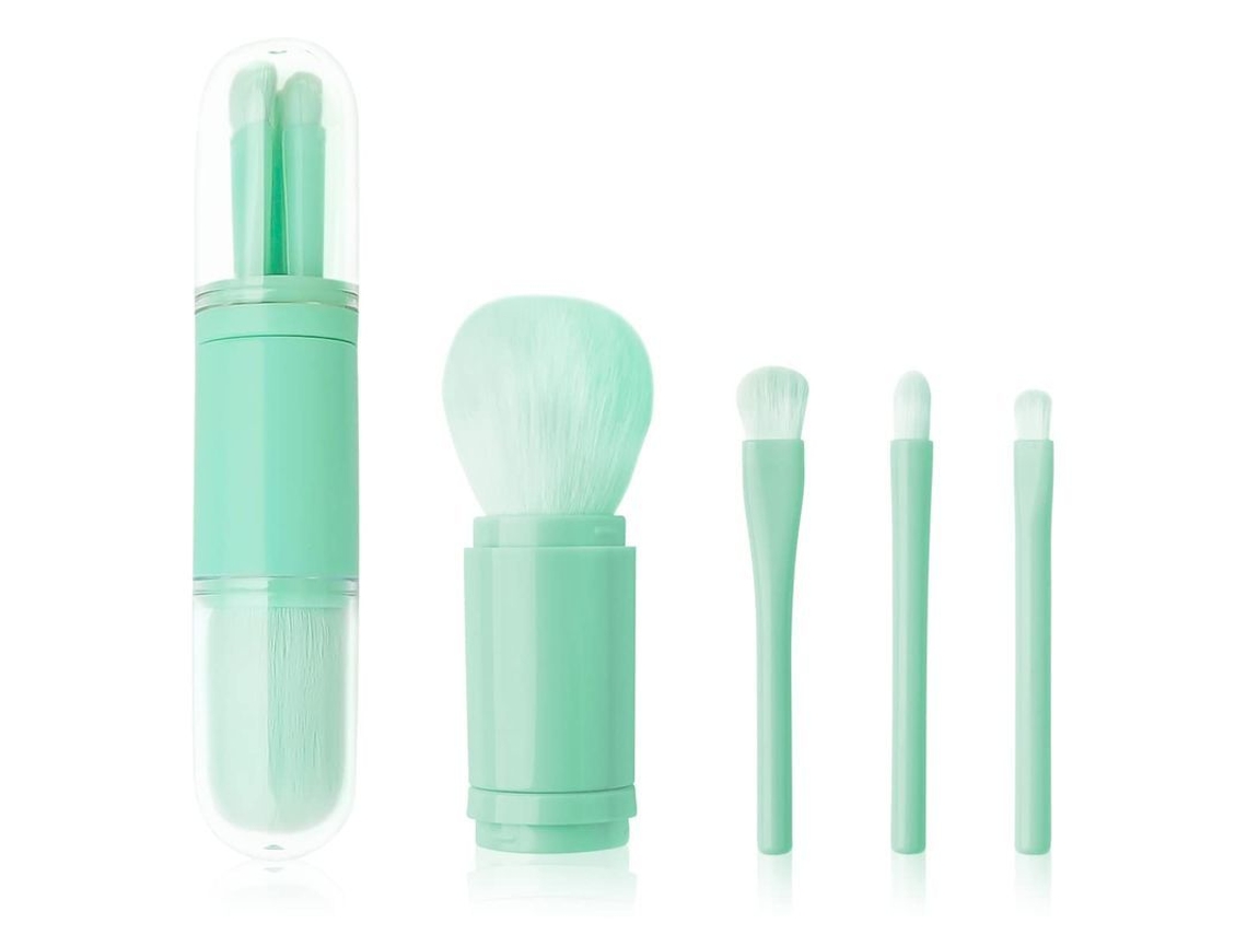 Set De Brochas De Maquillaje Azules - 4 En 1, Portátil, Para Labios, Iluminador, Sombras De Ojos Y Base De Maquillaje.