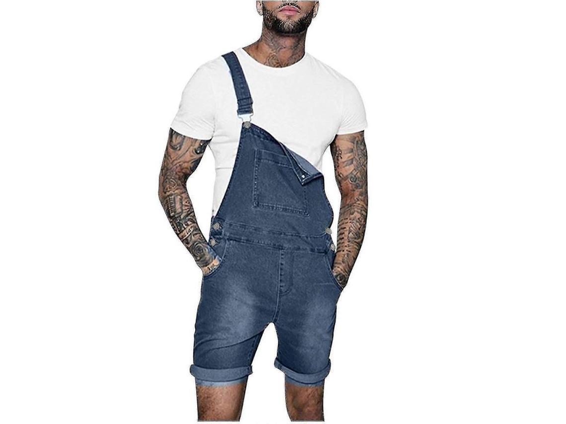 Pantalones Vaqueros Cortos Informales Para Hombre Con Bolsillo En El Pecho, Pierna Recta Y Tirantes - B
