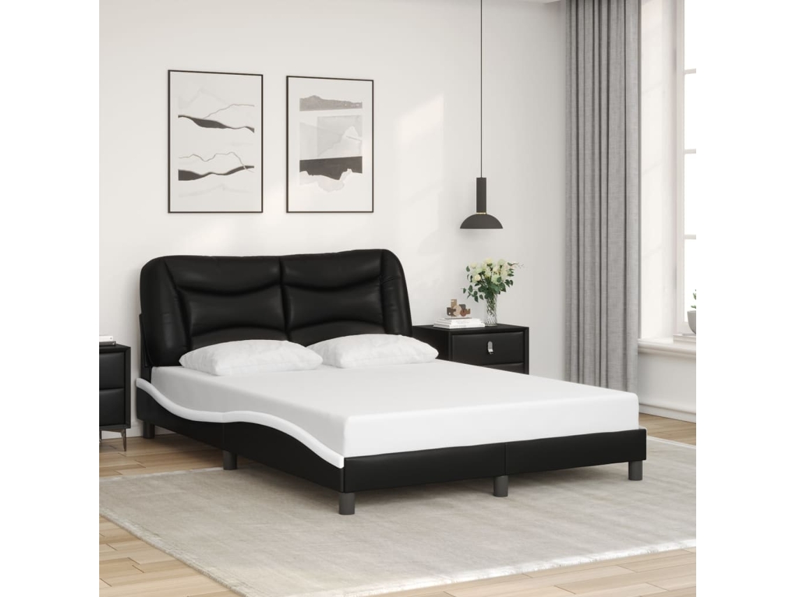 Estructura Cama Cabecero Cuero Sintético Negro Blanco 140x200cm