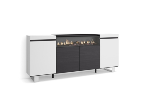 Aparadores para salón, 200x87x35cm, 4 Puertas, Chimenea eléctrica, Diseño industrial, Blanco y negro