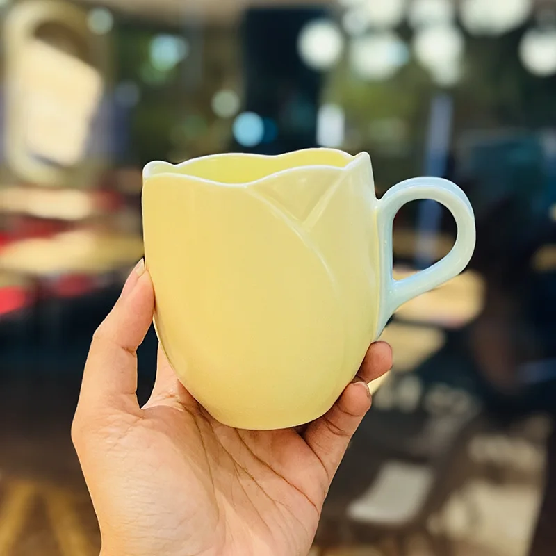 Taza De Cerámica Personalizada Con Forma De Tulipán En Relieve (amarilla, 350 Ml), Vajilla Francesa.
