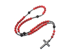 Collar Rosario Cruz Piedra Natural Turquesa Roja Onix Negro 8mm 51-80cm Escarlata