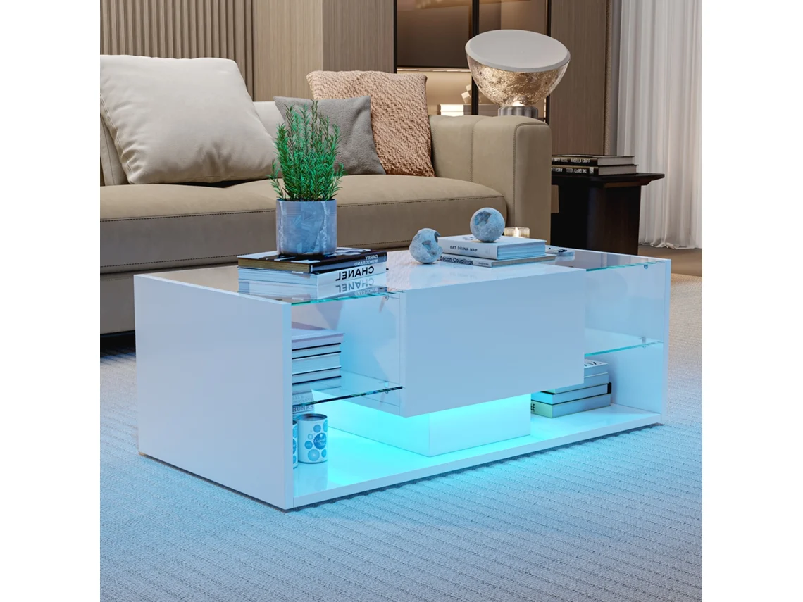Mesa auxiliar luminosa con luces LED, aplicación y control remoto, almacenamiento y 1 cajón, estilo nórdico
