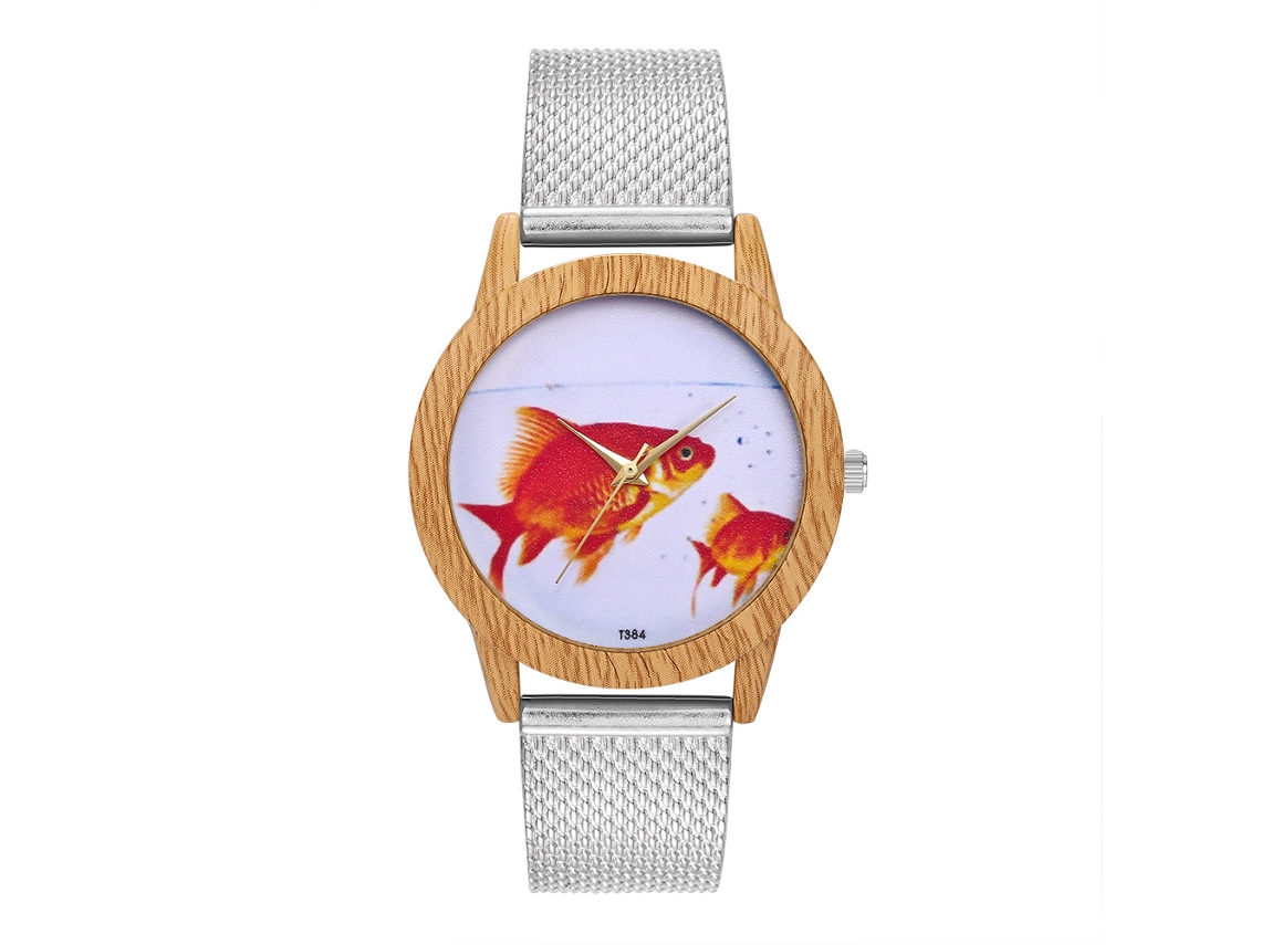 Reloj De Pulsera Unisex Zhoulianfa Con Diseño De Pez Dorado Y Brazalete De Acero Plateado.