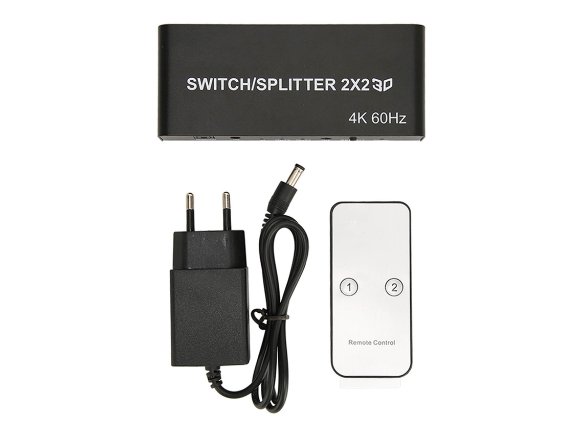 Comutador Splitter Hd 2x2 4k 60hz Com Controle Remoto Plug And Play Para Tv Projetor Pc Eu Plug