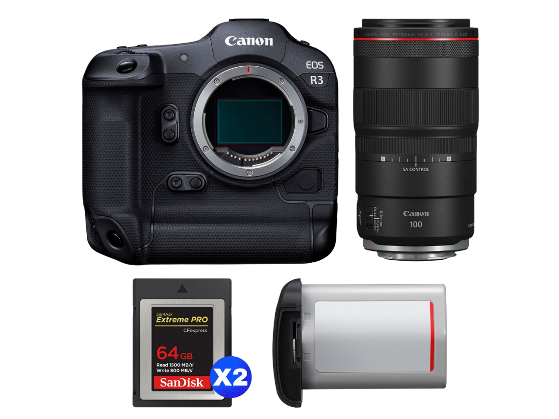 Canon Eos R3 + Rf 100mm F/2.8 L Macro Is Usm + 2 Sandisk 64gb Extreme Pro Cfexpress Type B + Canon Lp-e19 + Ebook Pricedirect