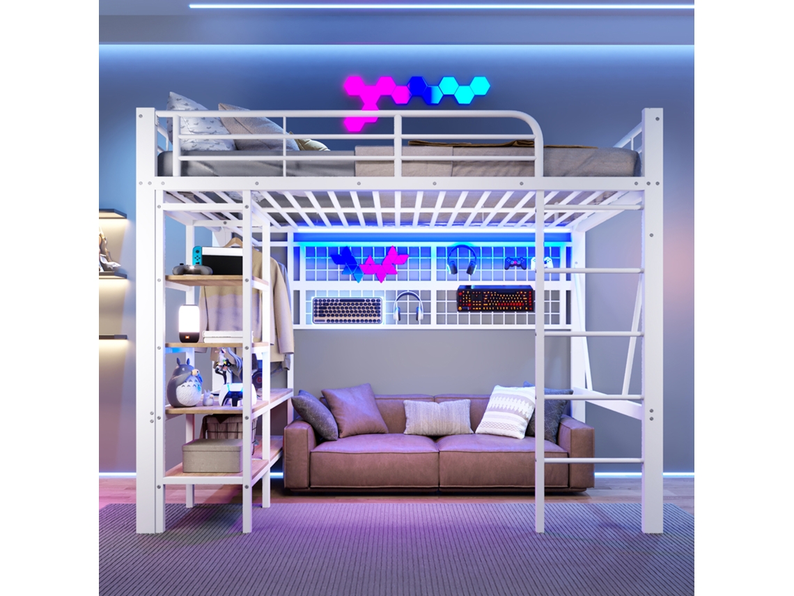 Litera Mezzanine 140x200 Cm Metal, Led Controlable Por App, Estantes, Red Colgante, Barra De Ropa, Espacio Abierto, Blanco