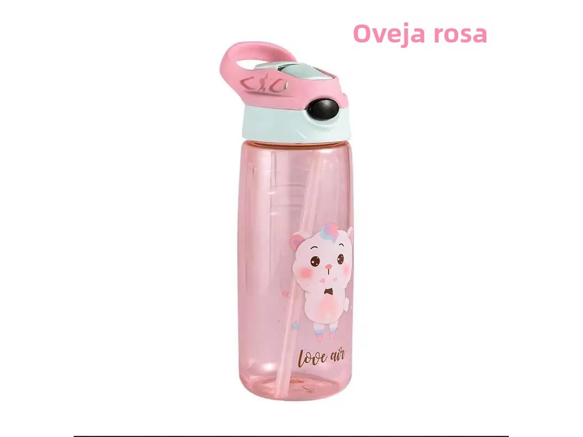 Botella De Agua Infantil De 500 Ml (oveja Rosa) Con Tapa Y Pajita, Sin Bpa