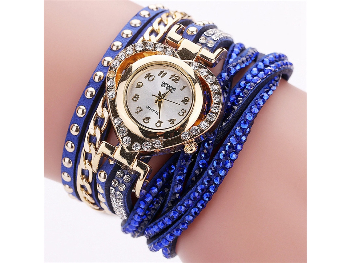 Reloj De Pulsera De Cuarzo Para Mujer Con Corazón De Diamantes De Imitación, Multicapa, Aleación Azul.