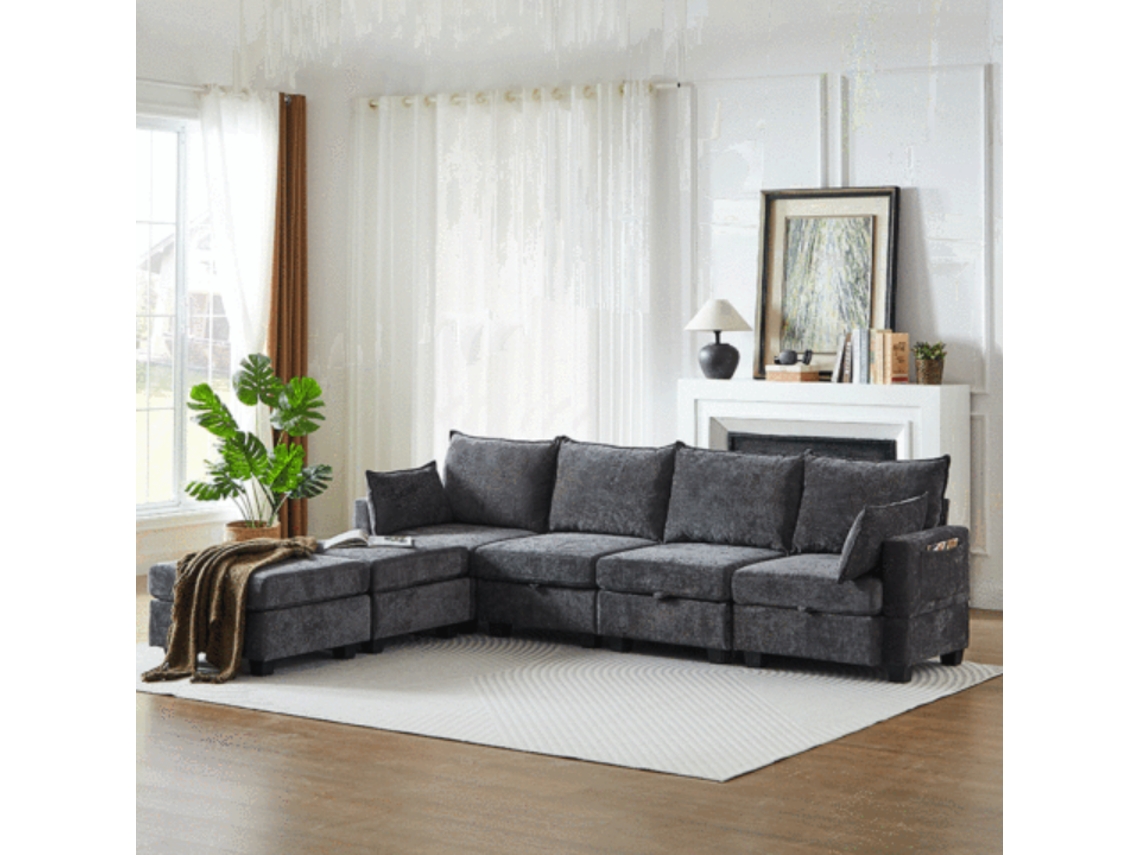 Sofá Modular 6 Plazas - Chenilla, Forma De U, Con Almacenamiento Y Chaise Longue - Gris