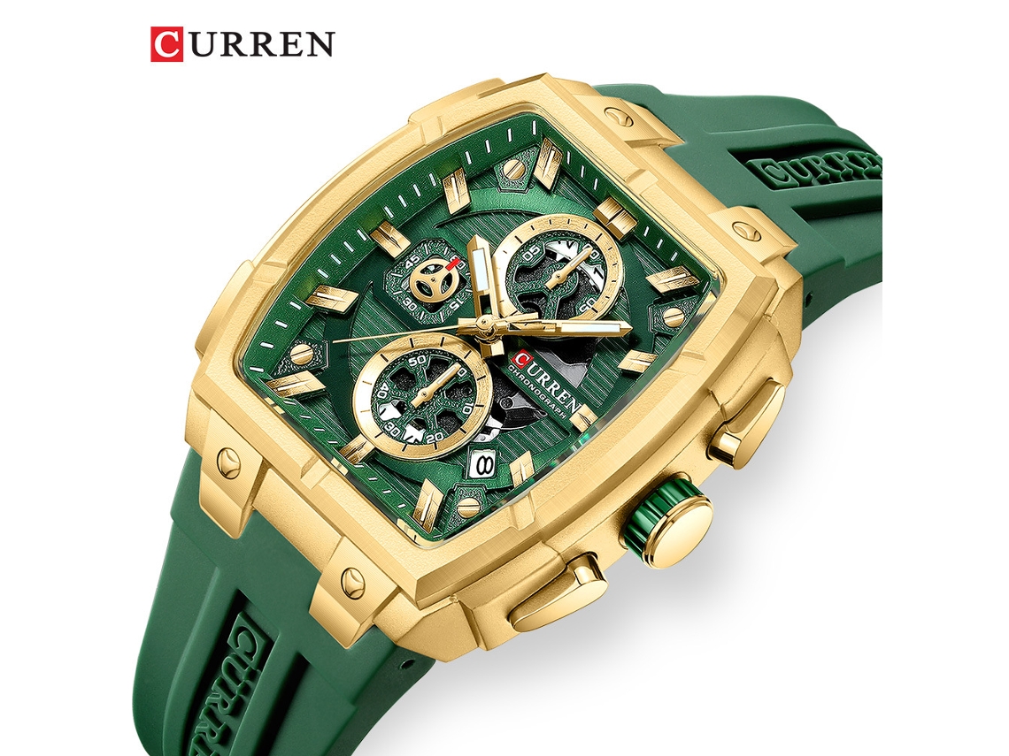 Reloj De Cuarzo (dorado Y Verde), Estilo Deportivo, Con Calendario, Forma De Tonel, Ideal Para Hombres De Negocios.