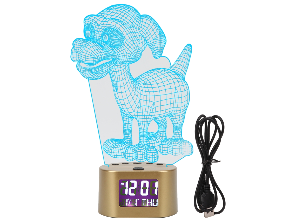 Luz nocturna LED acrílica 3D con forma de perro, con doble fuente de alimentación, reloj despertador, calendario perpetuo y luz RGB.