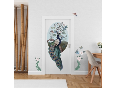 Decoración Panorámica de Grande Corte y Majestuoso Pavo Real Japonés Acompañado de Flores Azules PLAGE Variable cm X Variable cm