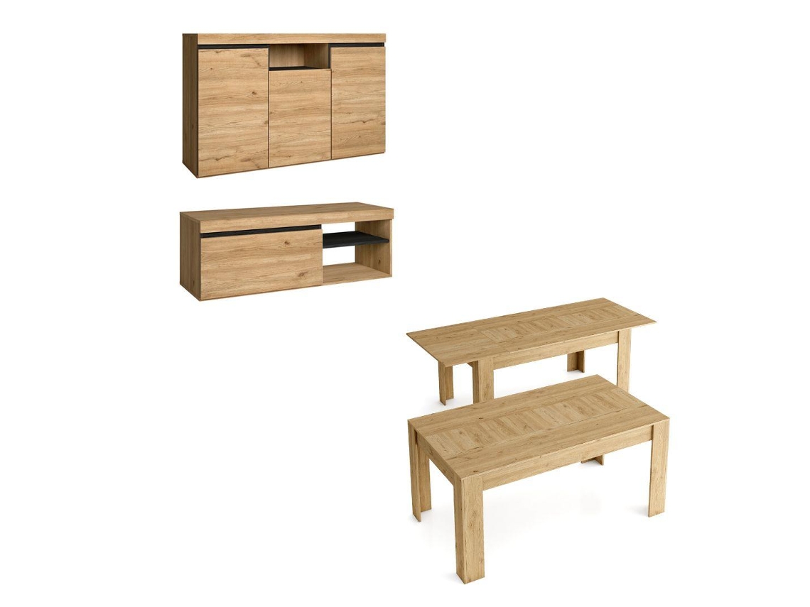 Conjunto De Muebles Naturale, Buffet-mueble Tv 120cm-mesa Extensible Roble Negro Nórdico