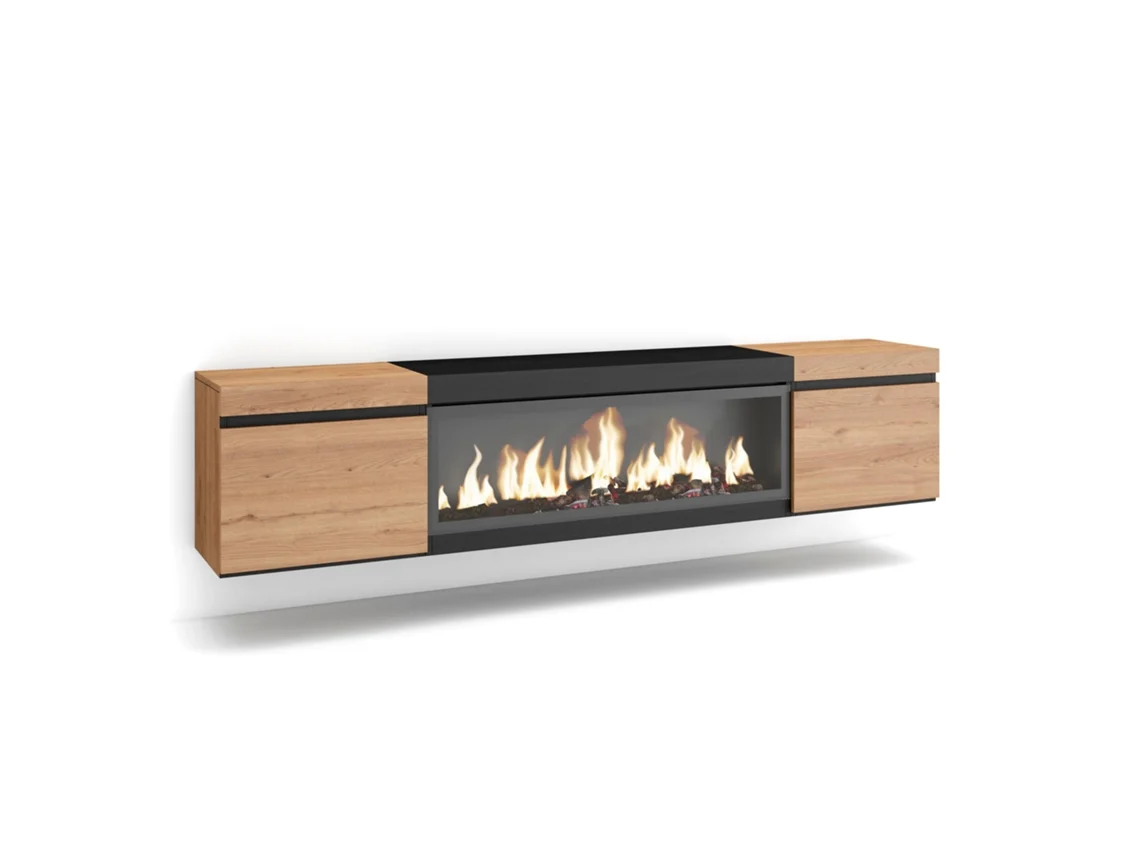 Mueble Tv, Televisión, 208x35x45cm, Para Tv Hasta 80", Chimenea Eléctrica Xxl, Colgado, Suspendido, Roble Y Negro