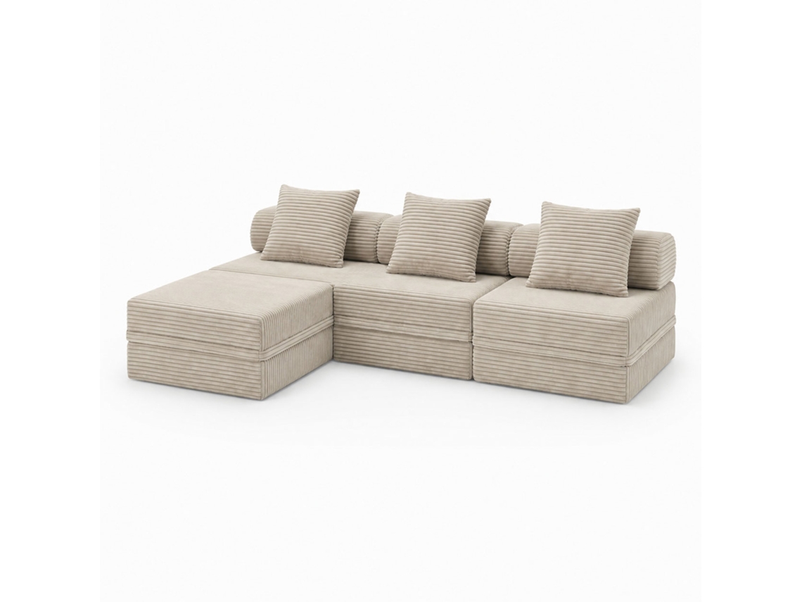 Sofá Modular 3+1+puff Convertible Veludo Listado Beige