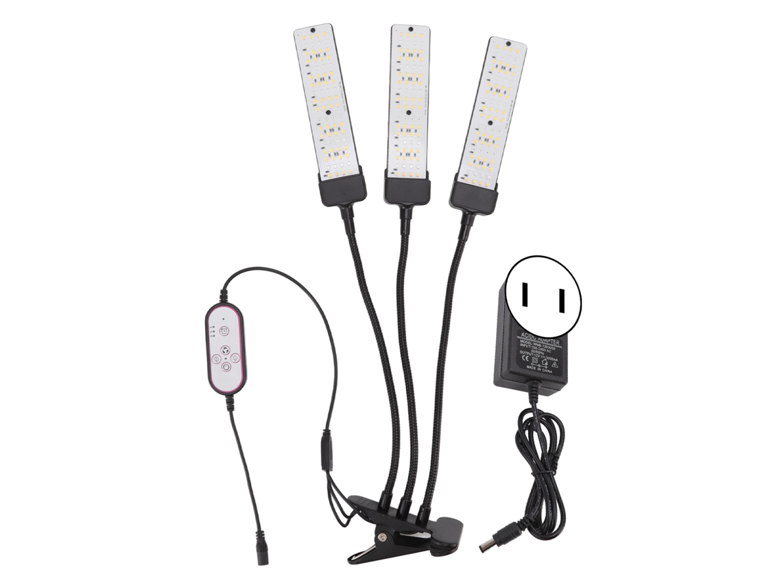 Lámpara de cultivo LED con pinza, tallo flexible, tres bombillas, espectro completo y temporizador para plantas suculentas, 100-240 V, enchufe estándar estadounidense (2026).
