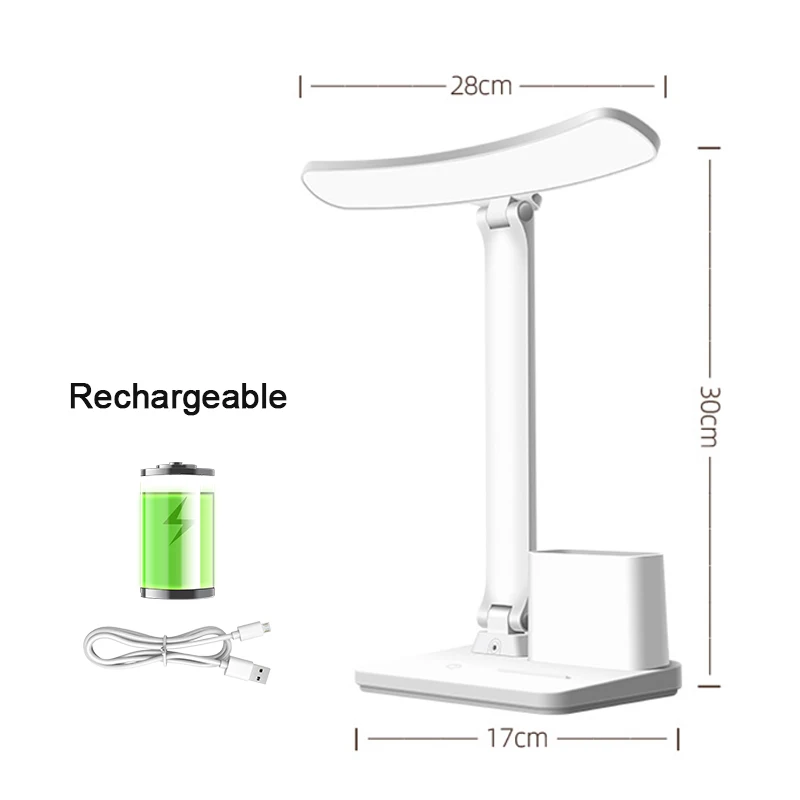 Lámpara de escritorio LED con tres niveles de intensidad, luz nocturna sensible al tacto y carga USB.