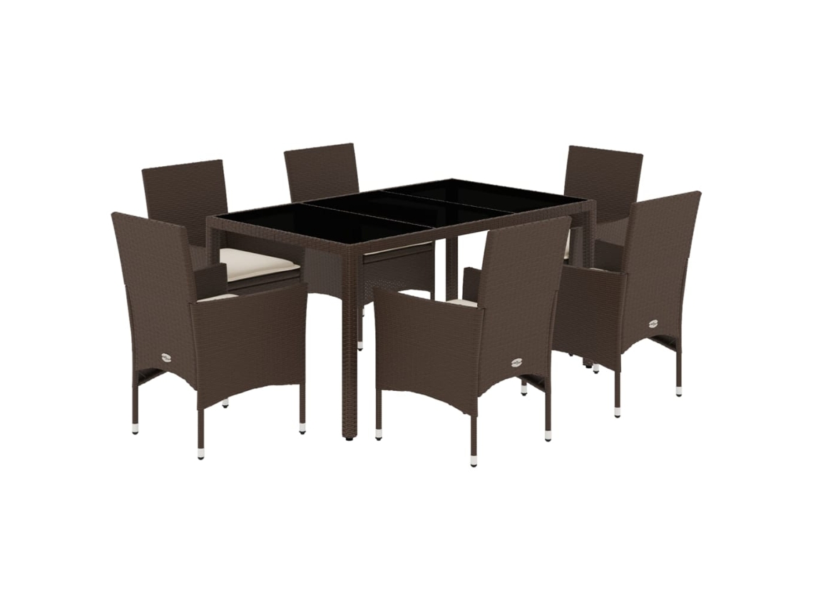 Conjunto 7 de comedor de jardín VIDAXL con cojines ratán PE marrón