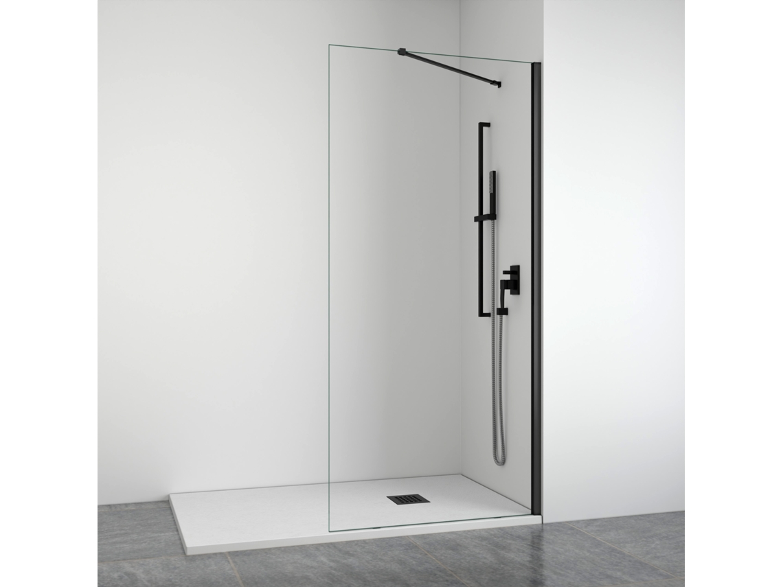 Mampara de ducha frontal con panel transparente fijo, perfiles en negro mate, brazo articulado, ancho ajustable de 78 a 80 cm, Bellobath