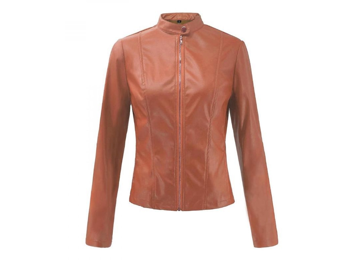 2026-chaqueta De Cuero Falso Vintage Otoño Para Mujer Con Cremallera Y Cuello Alto Ajustada Manga Larga L Naranja