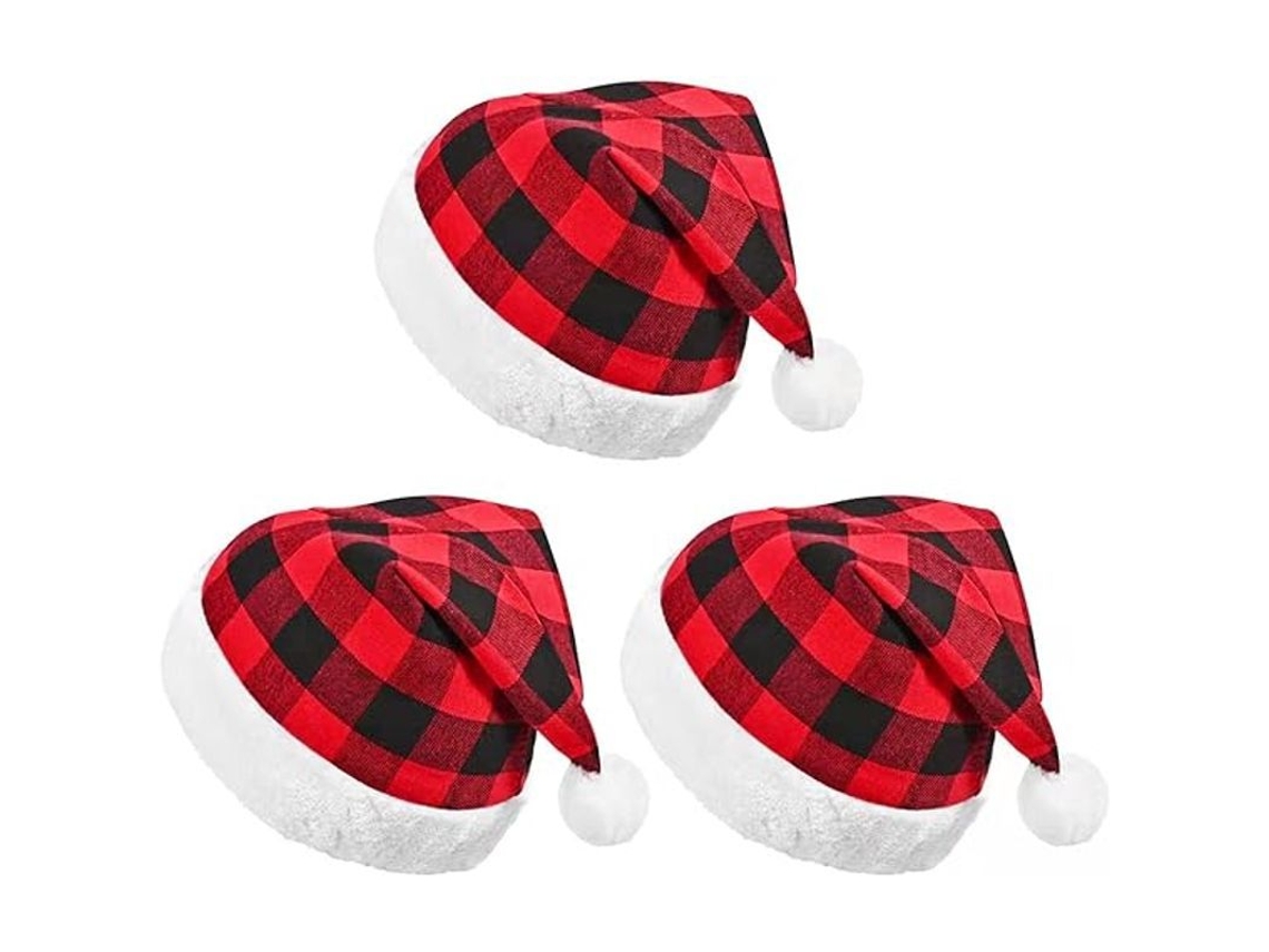 3 Gorros De Papá Noel A Cuadros De Búfalo Para Adultos, Rojos Y Negros, Para Fiestas Navideñas Y Eventos Festivos.
