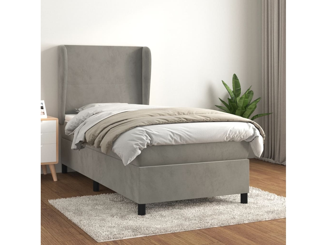 Cama Box Spring Con Colchón Terciopelo Gris Claro 100x200 Cm