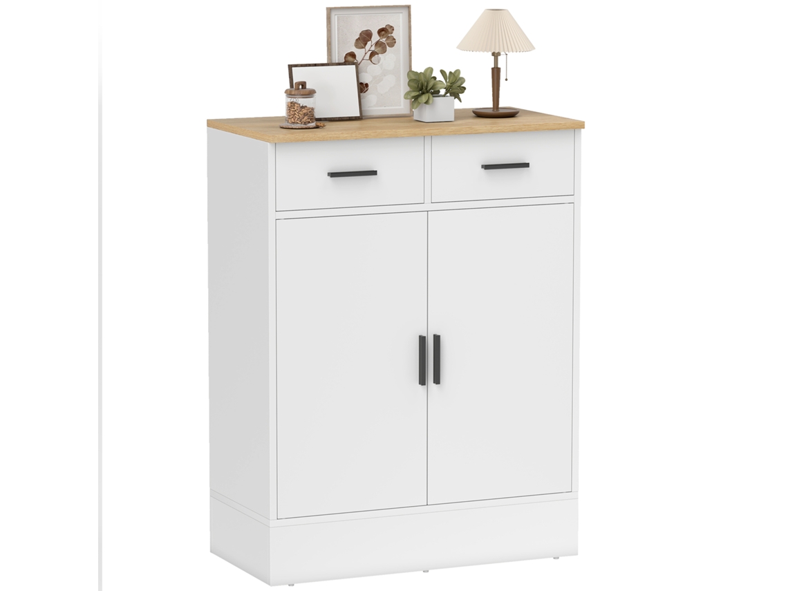 Aparador, Mueble De Almacenamiento Con 2 Puertas, 2 Cajones Y Estante Ajustable, 68,6 X 35 X 90,3 Cm, Madera Natural Y Blanco.