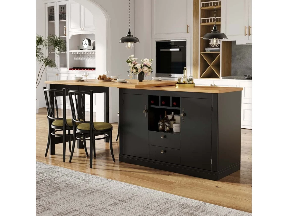 Mesa De Bar Extensible 120-180 Cm - Con Función De Giro 360° Y Almacenamiento - Negro