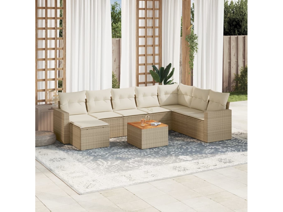 Conjunto de sofá de jardín de 9 piezas con cojines, mimbre sintético beige, Dkd Home Decor
