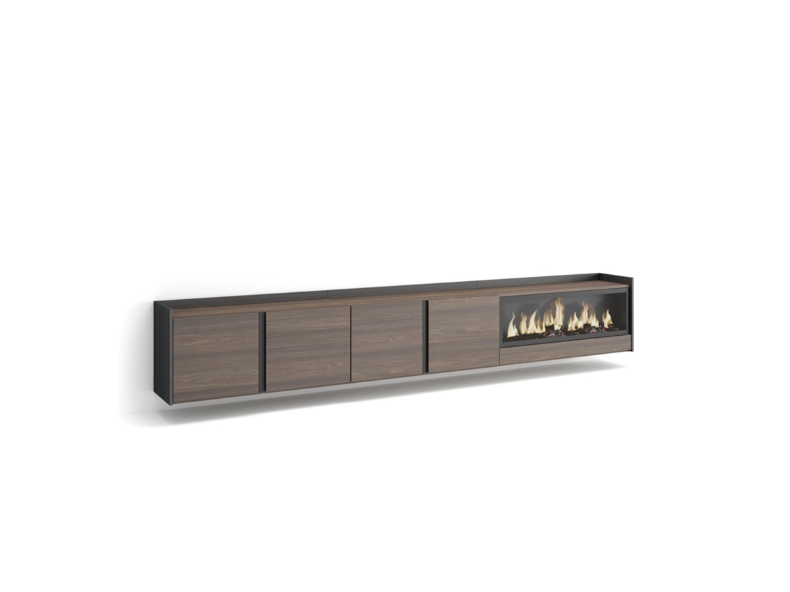 Mueble para TV, 315x35x50cm, para televisores de hasta 80'', chimenea eléctrica XXL, montaje en pared, roble oscuro y negro.