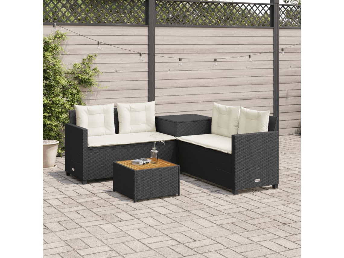 Sofá/mesa de jardín con forma de LC y cojines en mimbre sintético negro, Dkd Home Decor