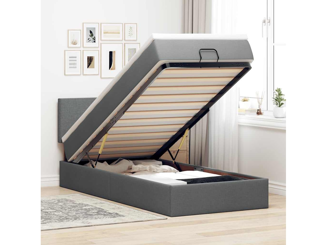Estructura Cama Otomana Colchón Tela Gris Oscuro
