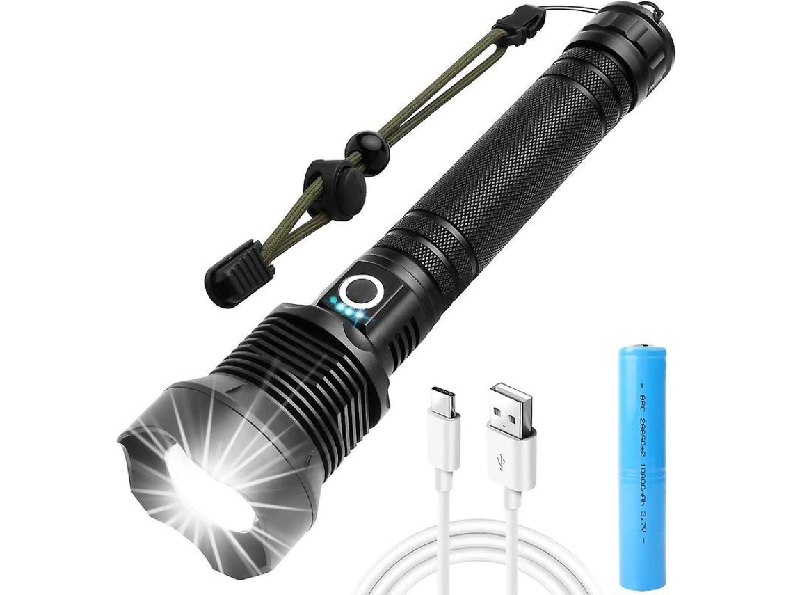 Linterna LED recargable, linterna táctica, 90000 lúmenes, súper brillante, resistente al agua IPX5, 3 modos de iluminación y zoom.